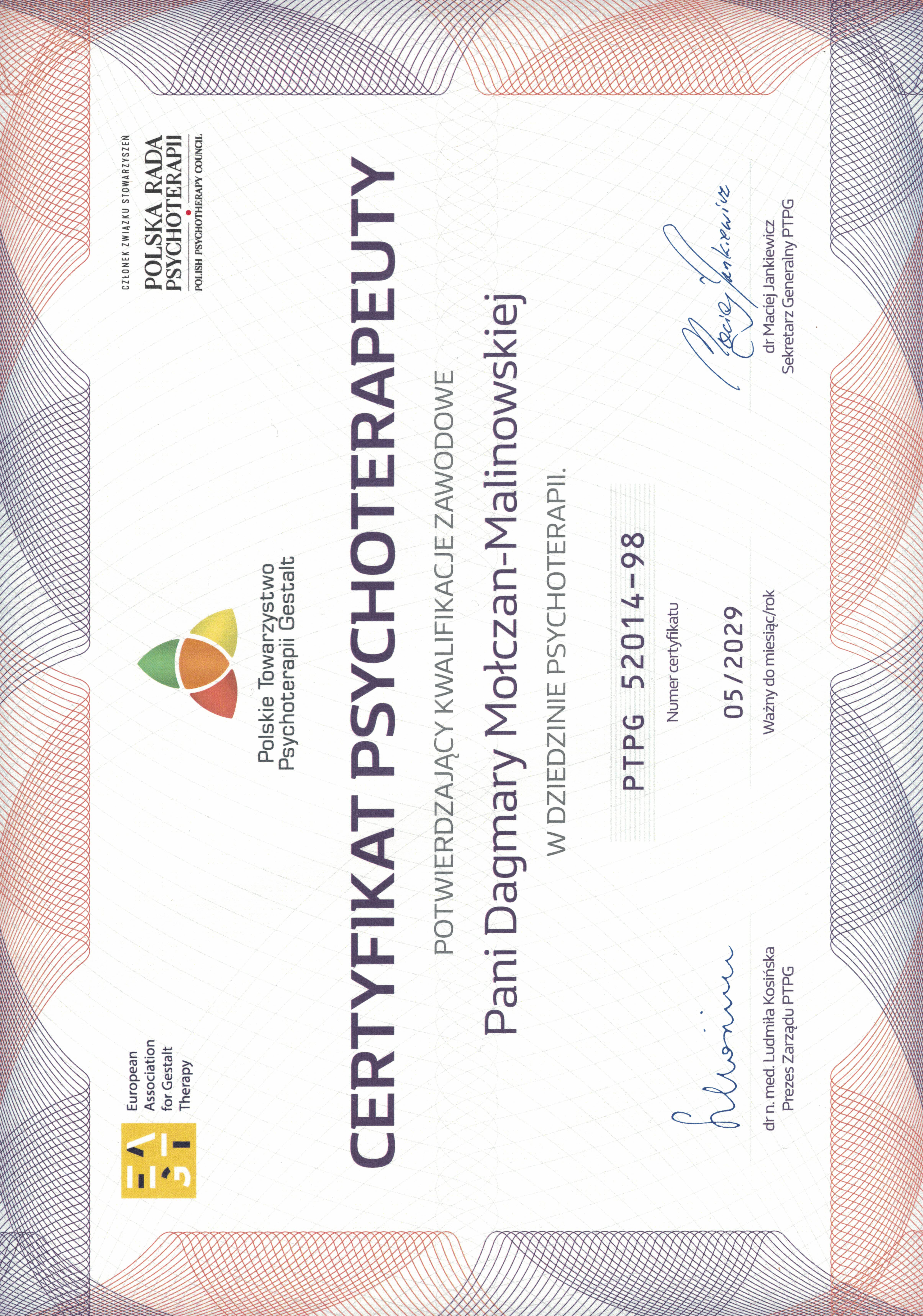 Certyfikat psychoterapeuty